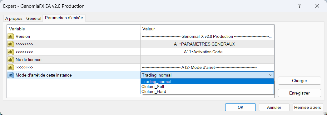 Liste des modes d’arrêt de GenomiaFX EA v2.0 : Trading_normal, Cloture_Soft et Cloture_Hard.
