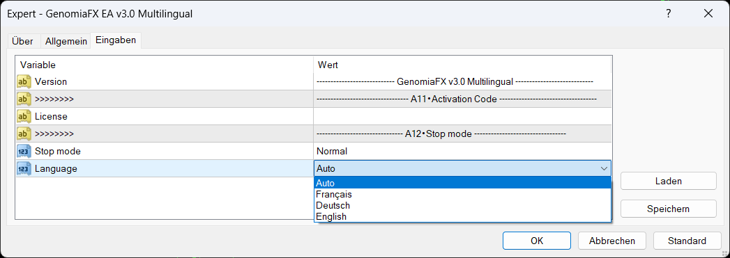Liste der Stoppmodi von GenomiaFX EA v2.0: Normal, Soft und Hard.