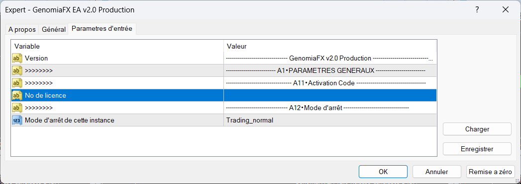 Onglet Paramètres d’entrée de GenomiaFX EA v2.0 montrant le numéro de licence et le mode Trading_normal.