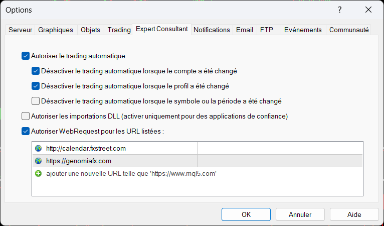 Fenêtre Options de MetaTrader 4 montrant les WebRequest autorisés vers calendar.fxstreet.com et genomiafx.com.