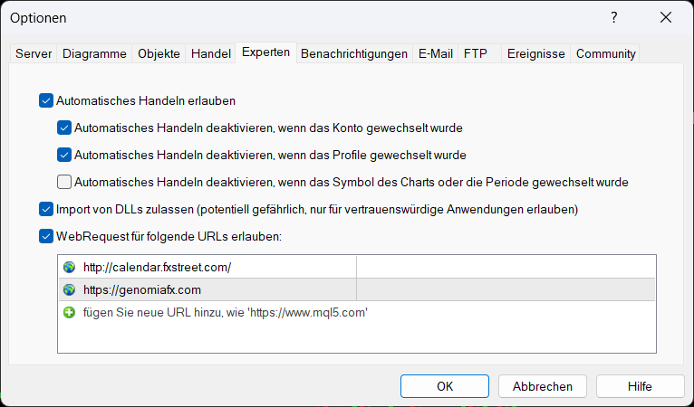 Optionsfenster von MetaTrader 4 mit den zulässigen WebRequests zu calendar.fxstreet.com und genomiafx.com.