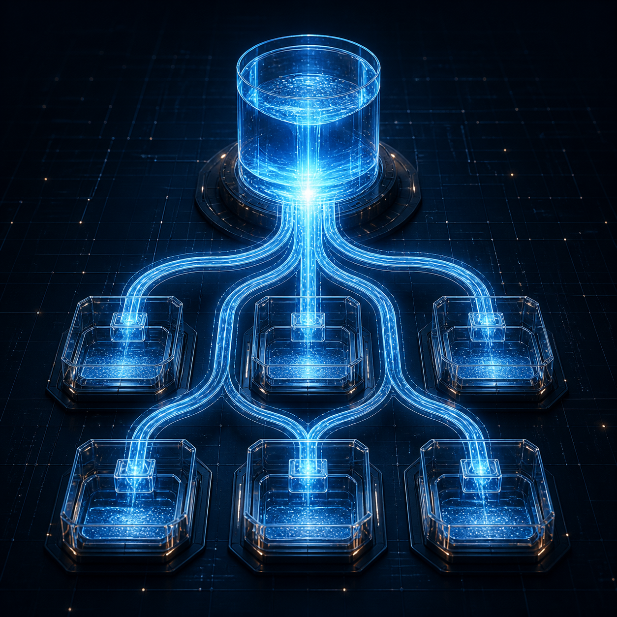 Illustration abstraite d’une allocation de ressources répartie entre plusieurs compartiments techniques.